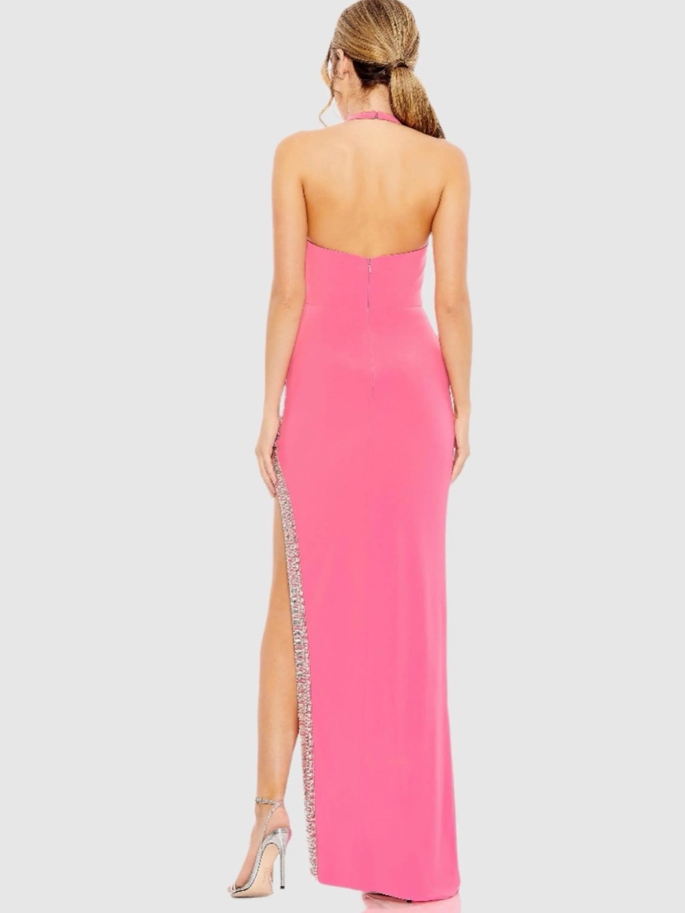 Mac Duggal Neon Pink Backless Halter Gown with Crystal Side Slit